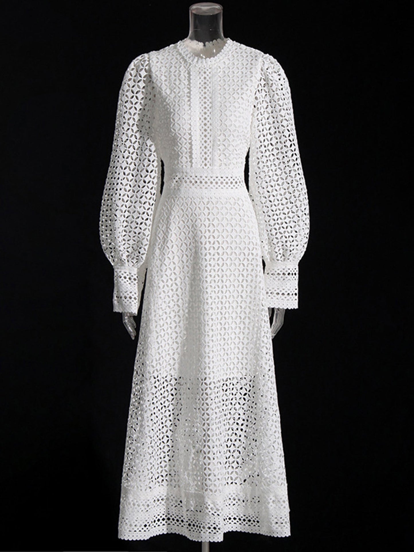 White Lace Hollow - Out Long Sleeve Midi Dress - SISPELL