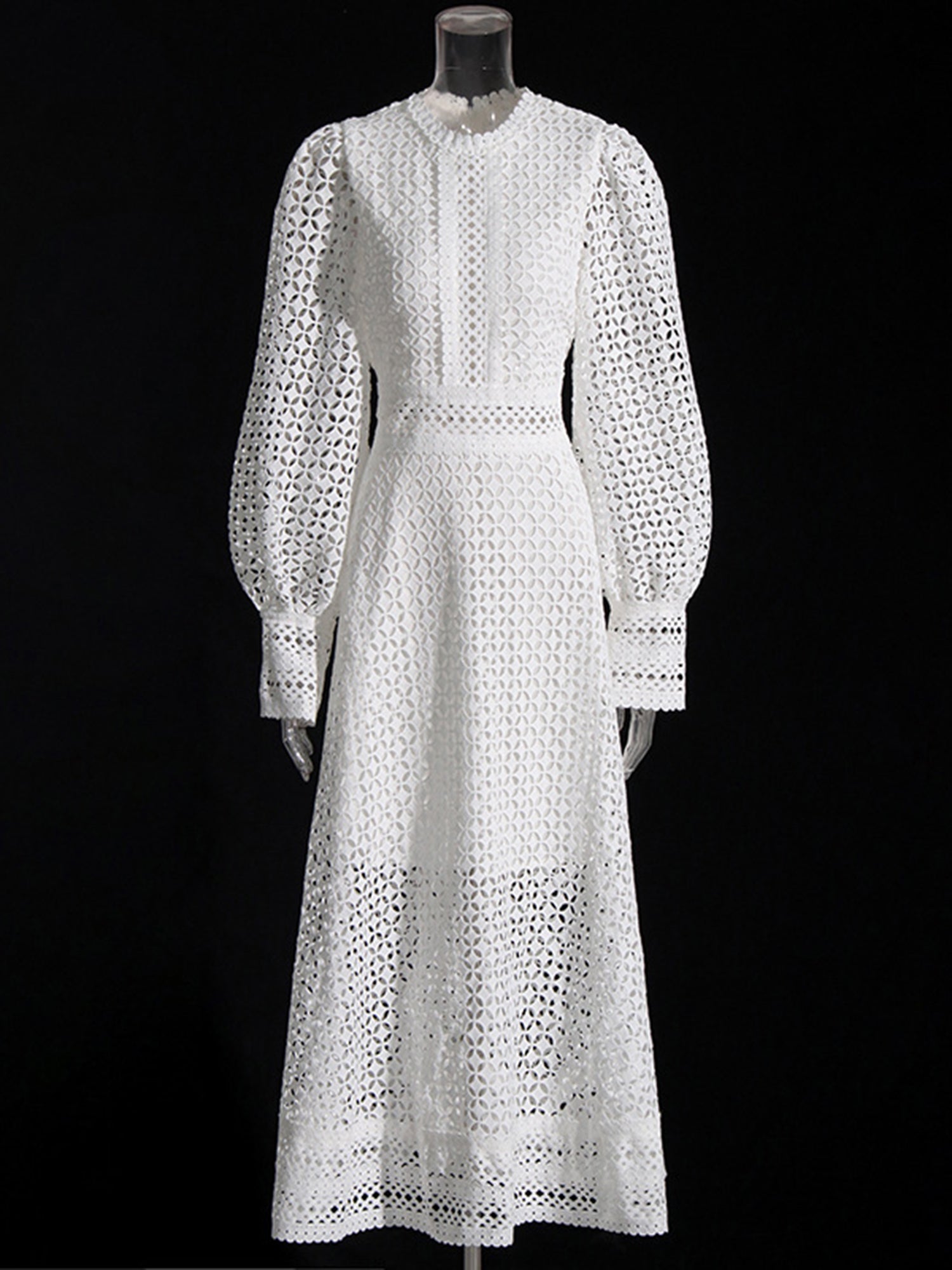 White Lace Hollow - Out Long Sleeve Midi Dress - SISPELL