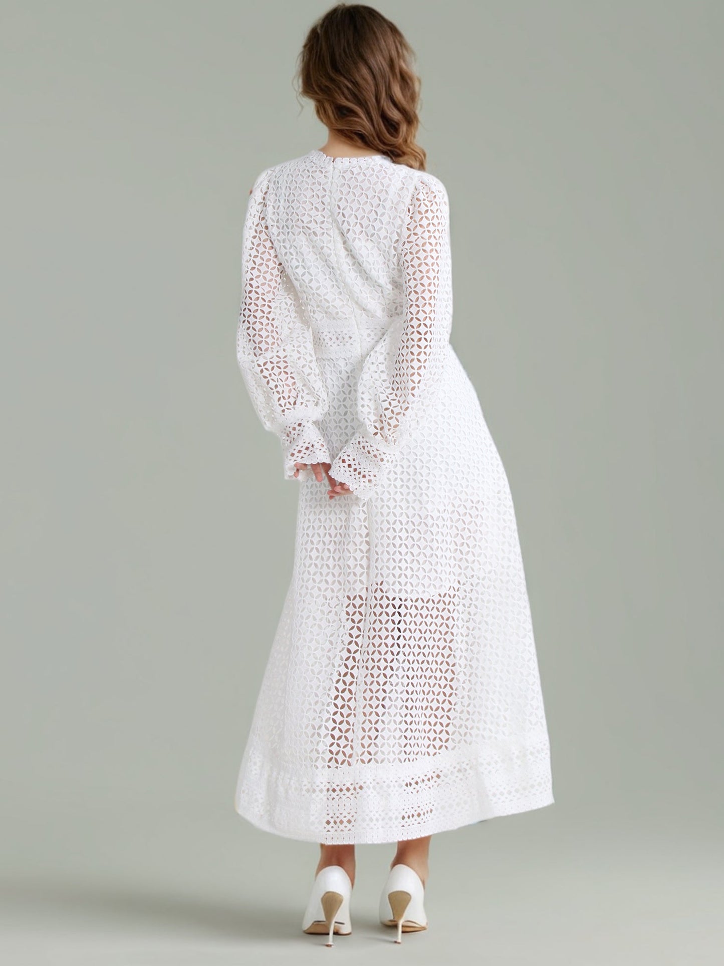 White Lace Hollow - Out Long Sleeve Midi Dress - SISPELL