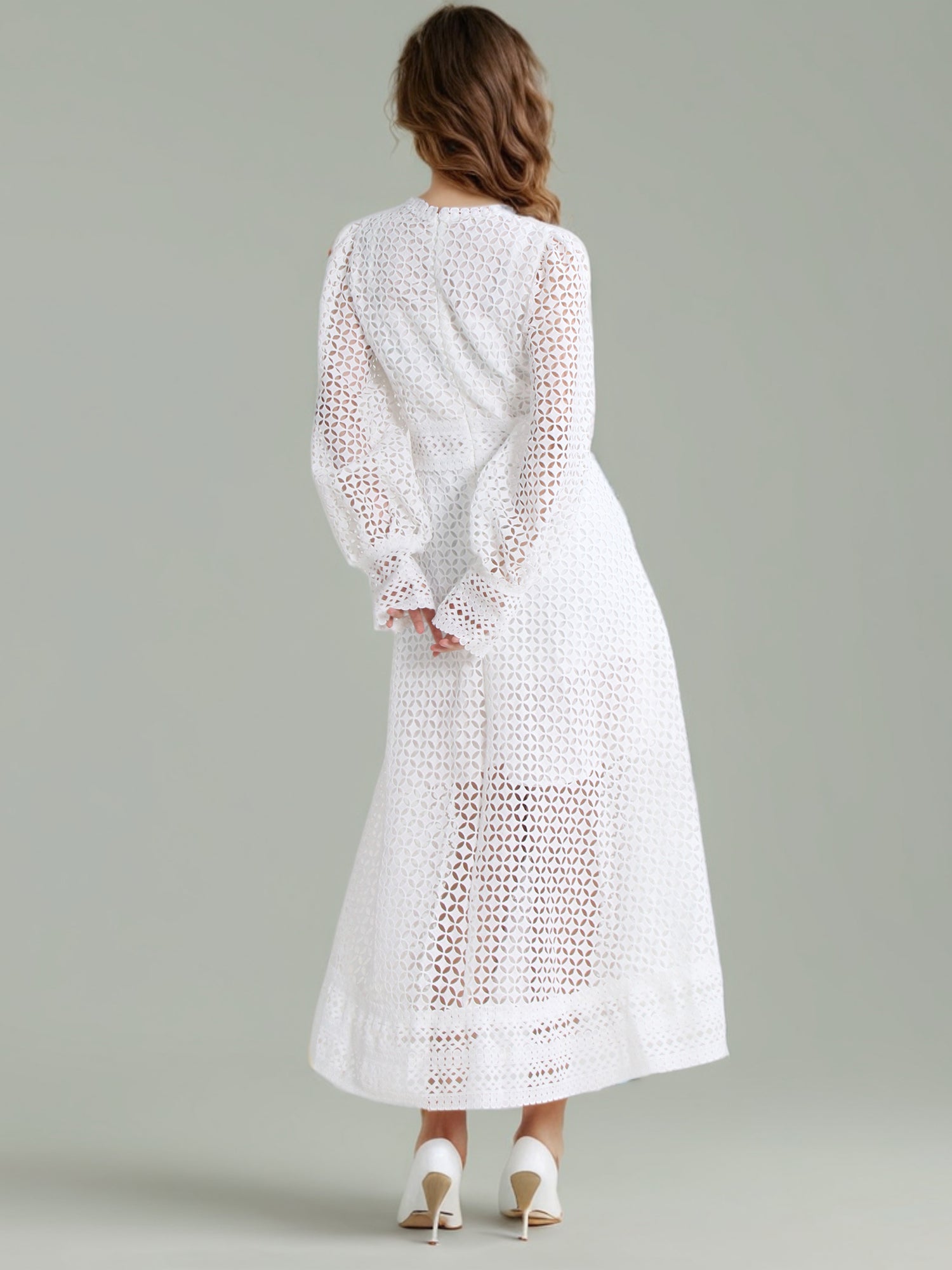 White Lace Hollow - Out Long Sleeve Midi Dress - SISPELL