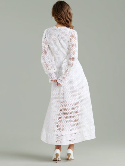 White Lace Hollow - Out Long Sleeve Midi Dress - SISPELL