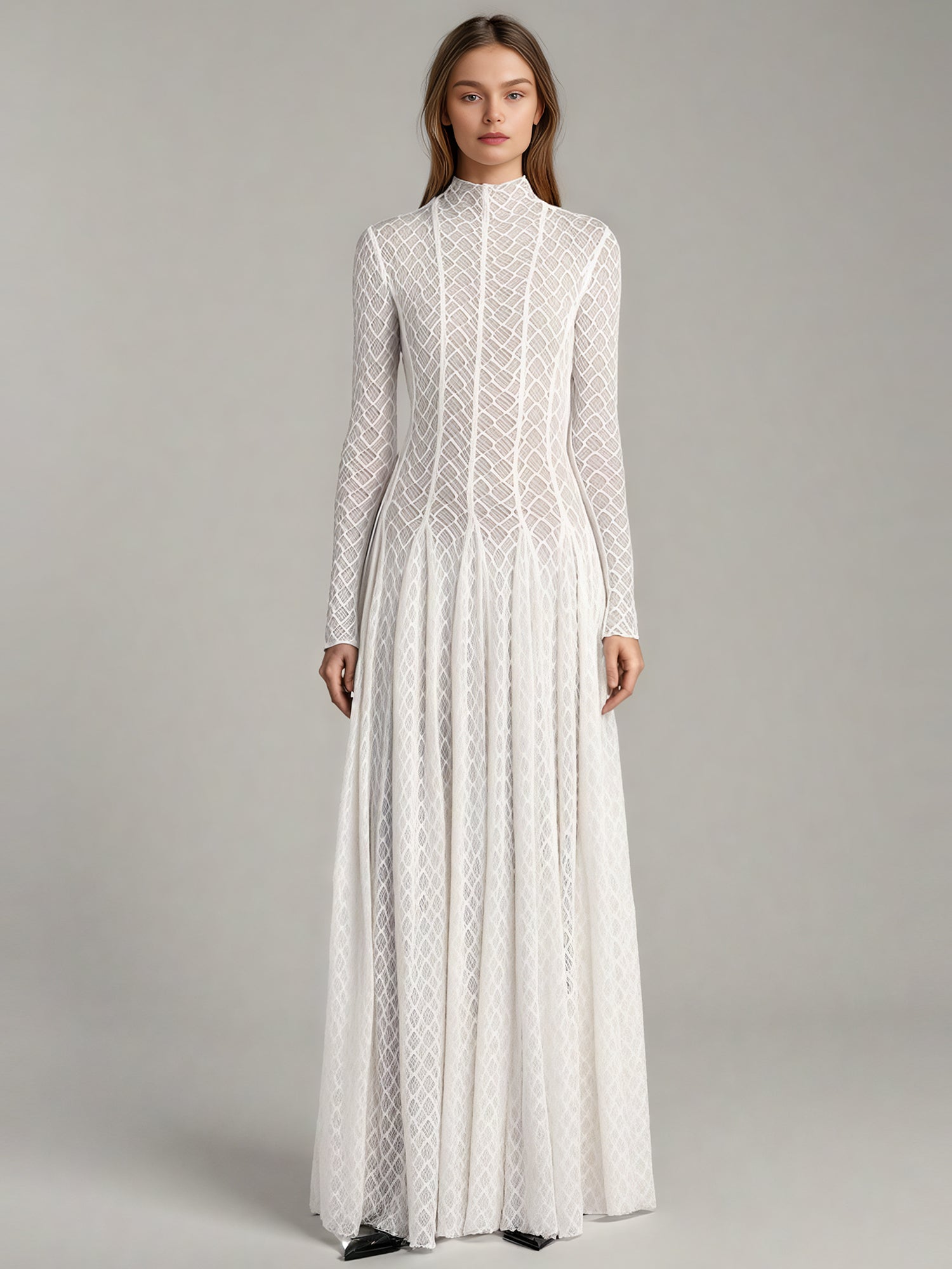 White Lace Maxi Dress with Long Sleeve & Sheer Design - SISPELL