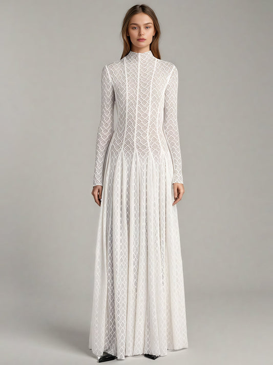 White Lace Maxi Dress with Long Sleeve & Sheer Design - SISPELL
