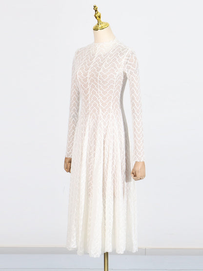 White Lace Maxi Dress with Long Sleeve & Sheer Design - SISPELL