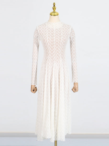 White Lace Maxi Dress with Long Sleeve & Sheer Design - SISPELL