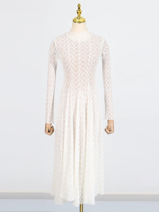 White Lace Maxi Dress with Long Sleeve & Sheer Design - SISPELL