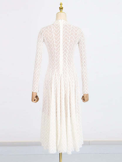 White Lace Maxi Dress with Long Sleeve & Sheer Design - SISPELL