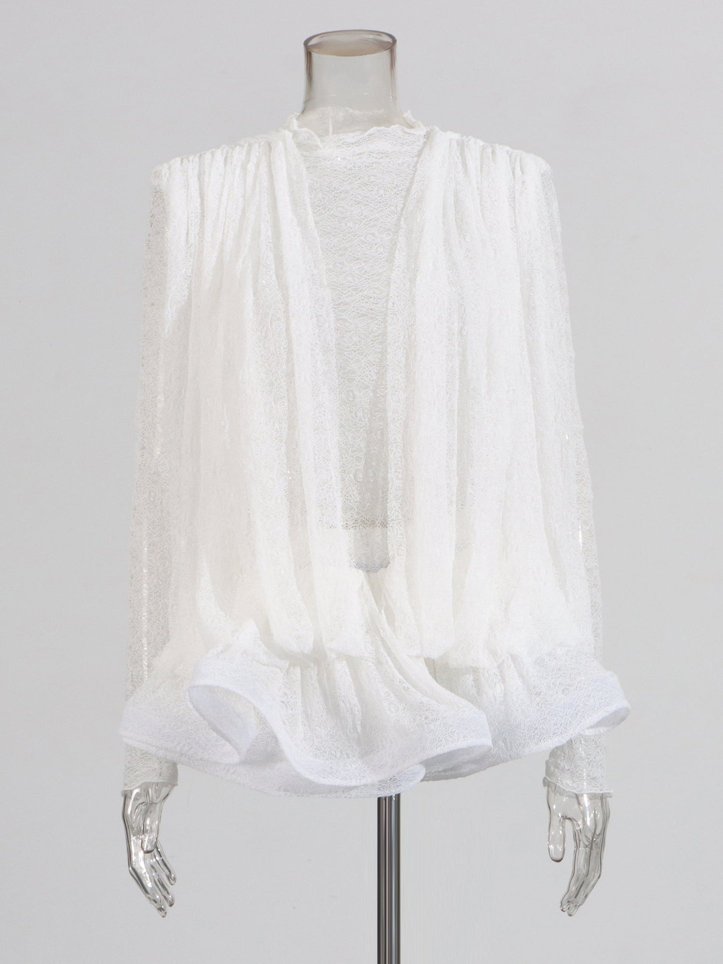 White Lace Ruffled Mini Dress with Puff Sleeves - SISPELL