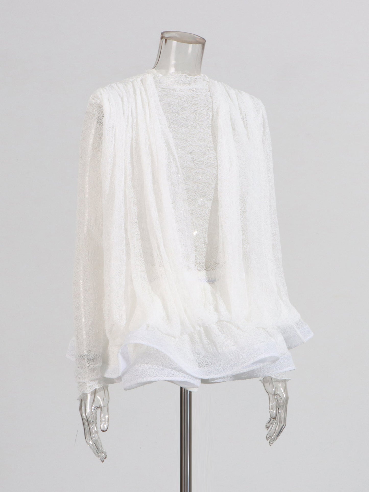 White Lace Ruffled Mini Dress with Puff Sleeves - SISPELL