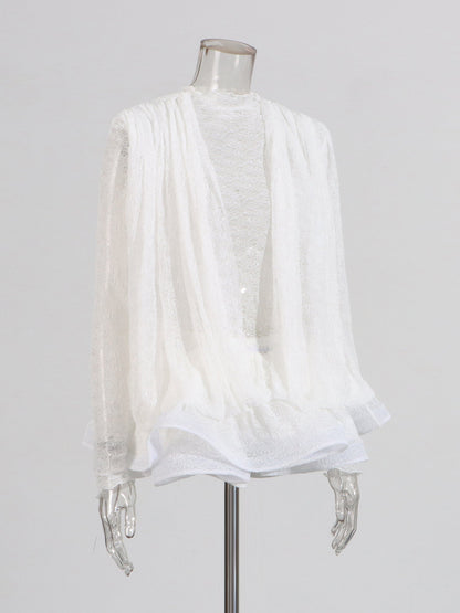 White Lace Ruffled Mini Dress with Puff Sleeves - SISPELL