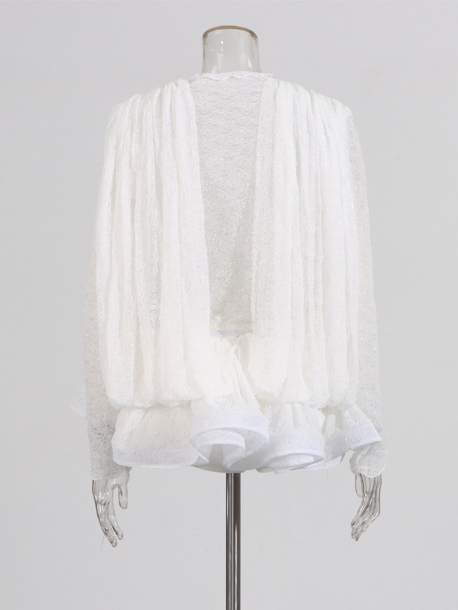 White Lace Ruffled Mini Dress with Puff Sleeves - SISPELL