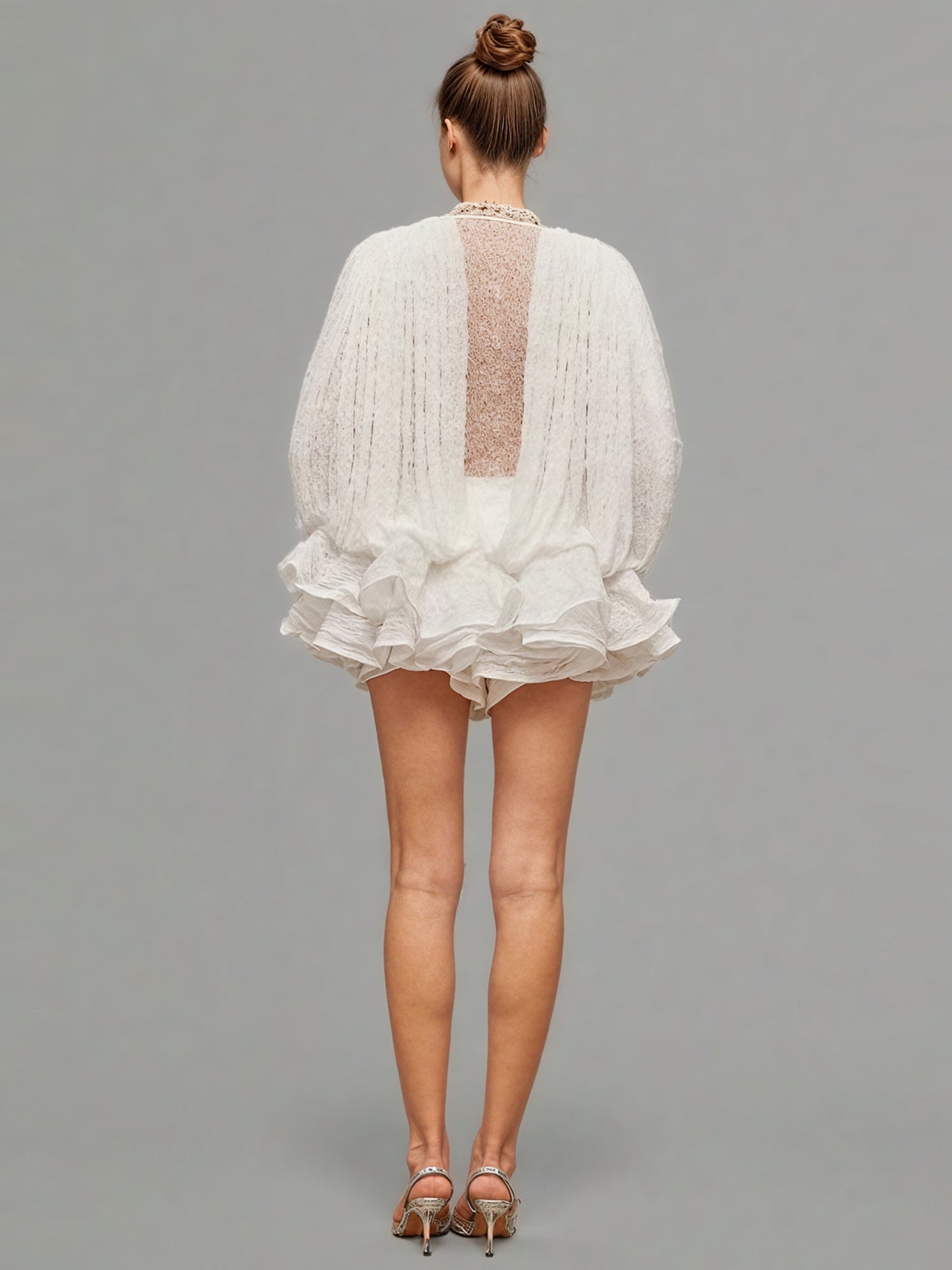 White Lace Ruffled Mini Dress with Puff Sleeves - SISPELL