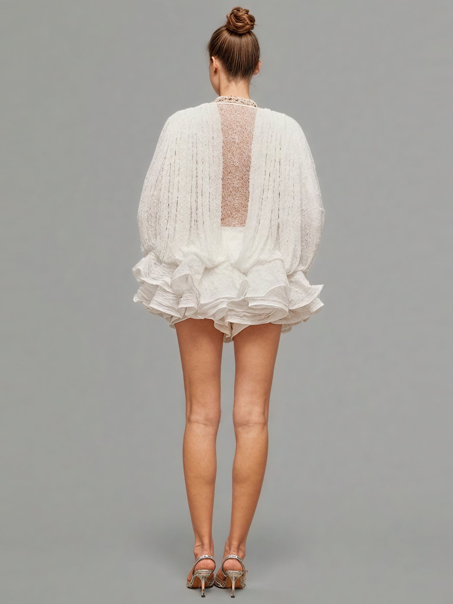 White Lace Ruffled Mini Dress with Puff Sleeves - SISPELL