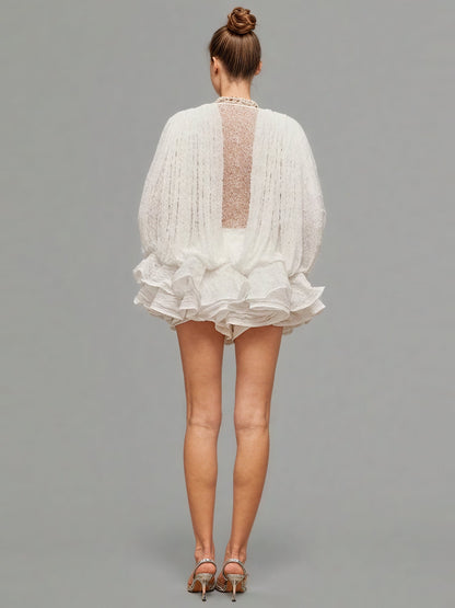 White Lace Ruffled Mini Dress with Puff Sleeves - SISPELL