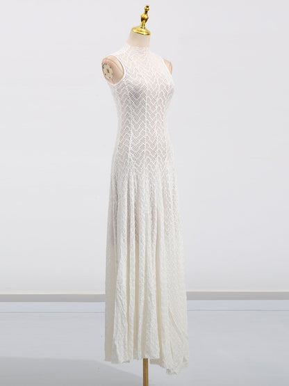 White Lace Sleeveless Maxi Dress with Mock Neck - SISPELL