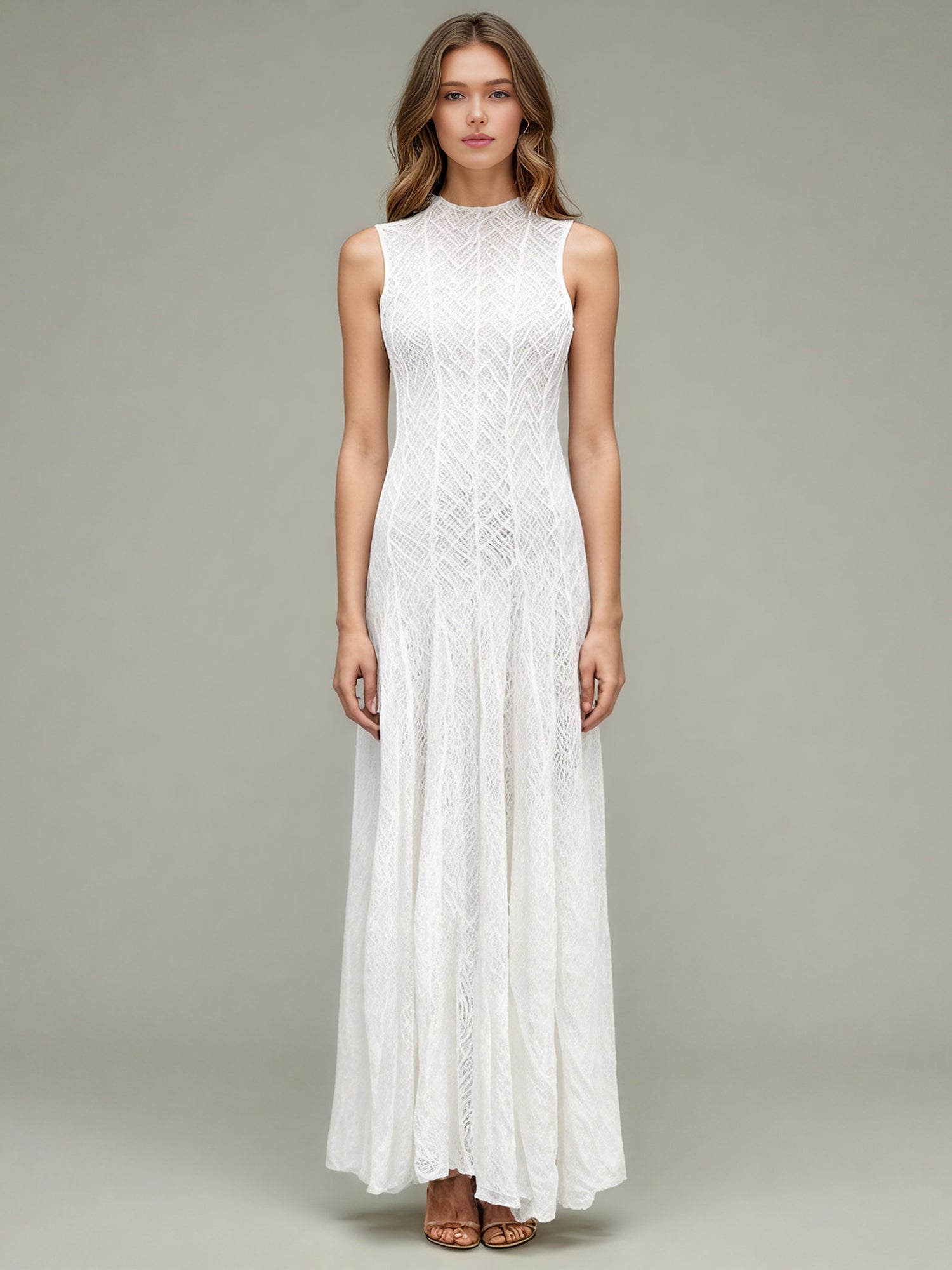 White Lace Sleeveless Maxi Dress with Mock Neck - SISPELL