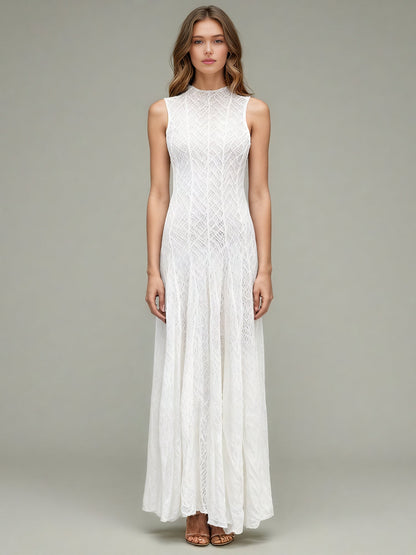 White Lace Sleeveless Maxi Dress with Mock Neck - SISPELL