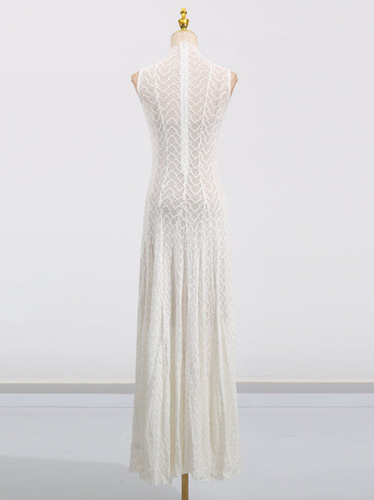 White Lace Sleeveless Maxi Dress with Mock Neck - SISPELL