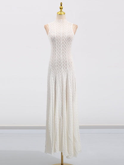 White Lace Sleeveless Maxi Dress with Mock Neck - SISPELL