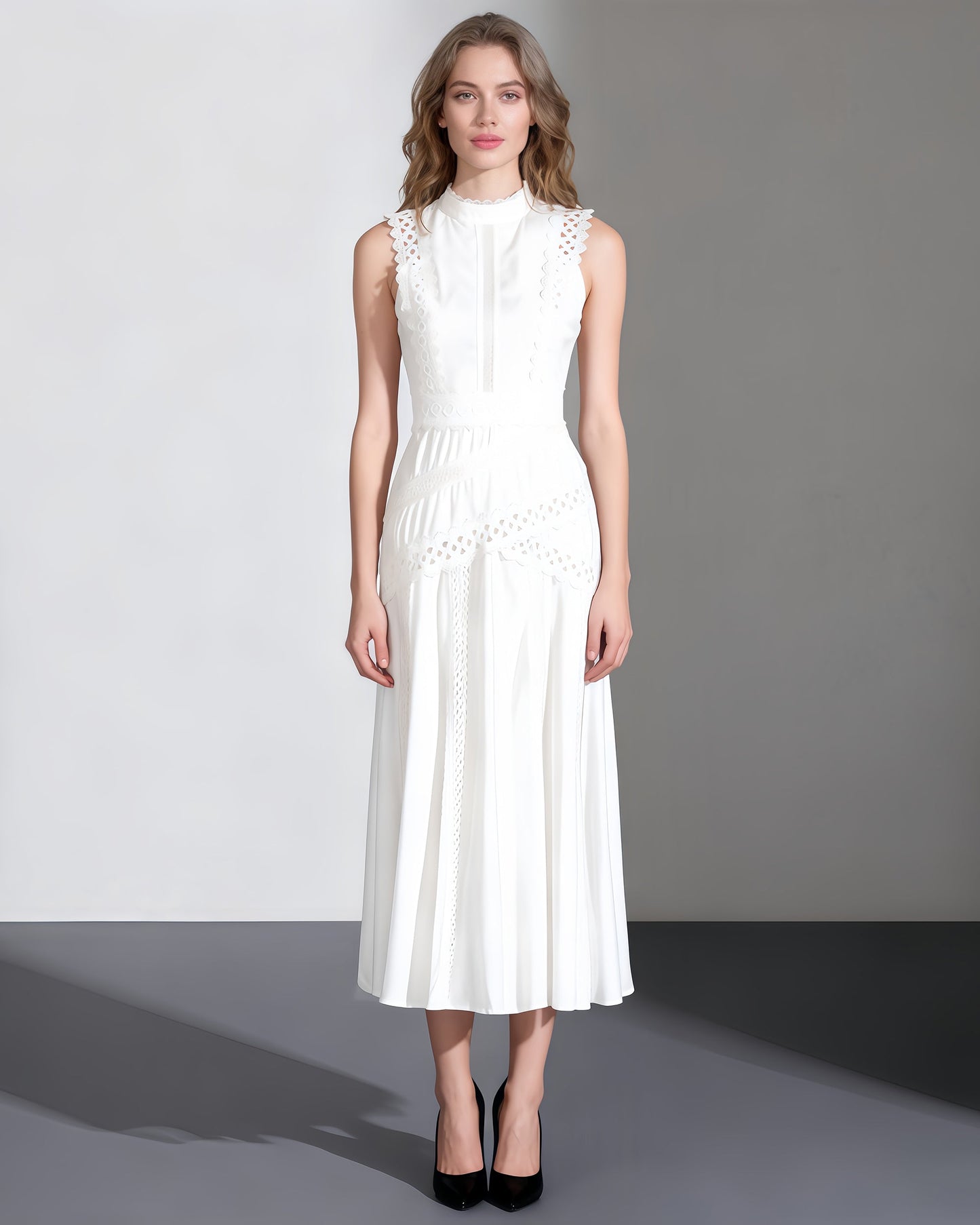 White Lace Sleeveless Midi Dress - SISPELL