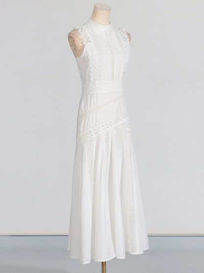White Lace Sleeveless Midi Dress - SISPELL