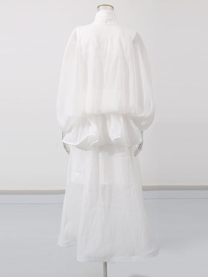 White Lace Up Ruffled Sheer Long Dress - SISPELL