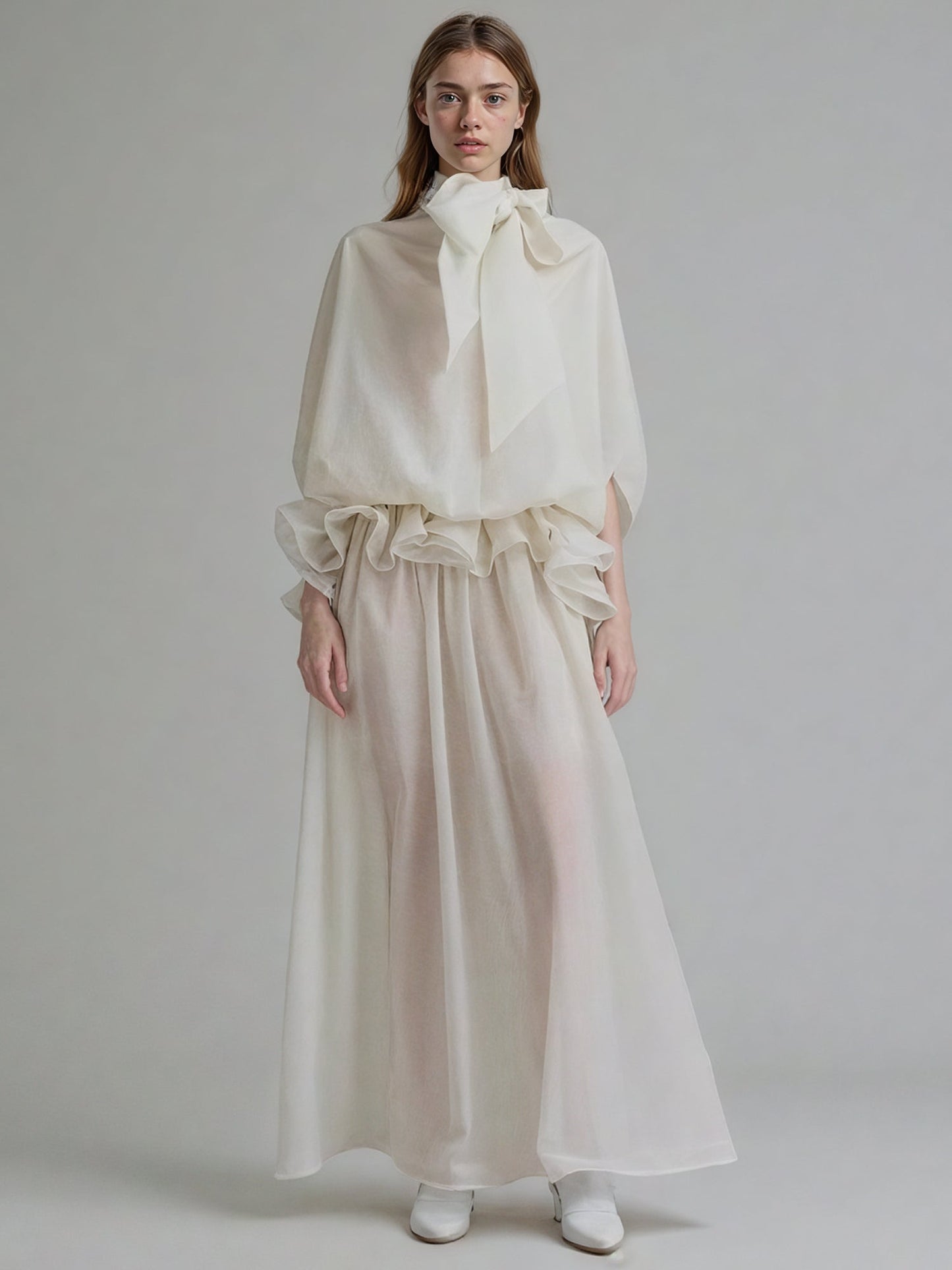 White Lace Up Ruffled Sheer Long Dress - SISPELL