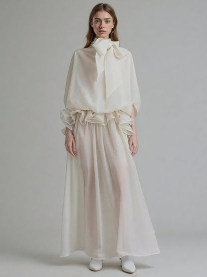 White Lace Up Ruffled Sheer Long Dress - SISPELL