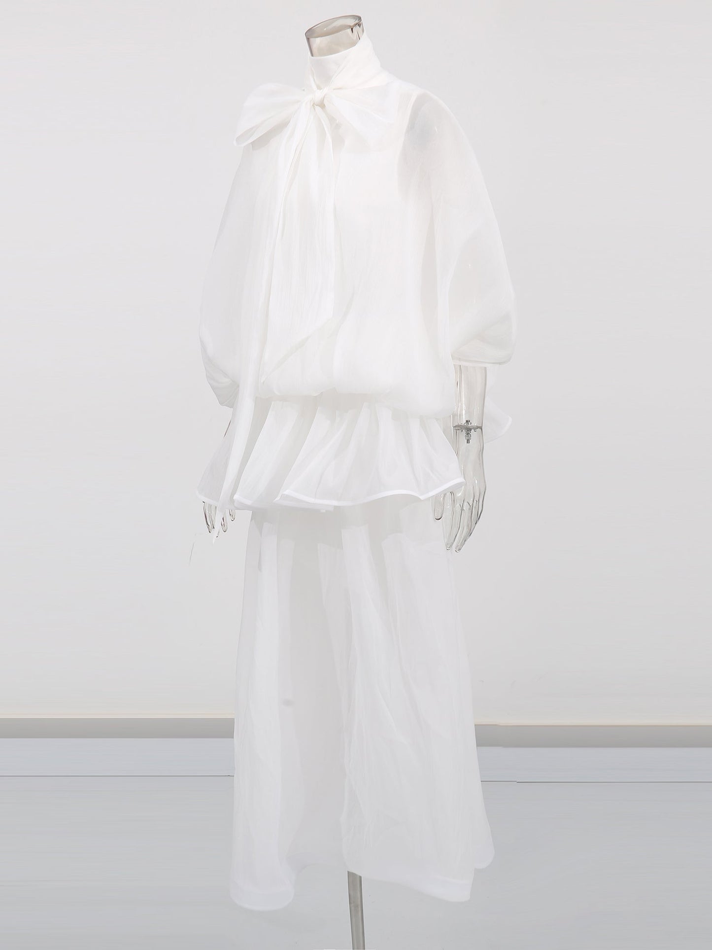 White Lace Up Ruffled Sheer Long Dress - SISPELL