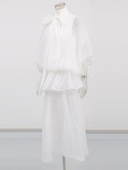 White Lace Up Ruffled Sheer Long Dress - SISPELL