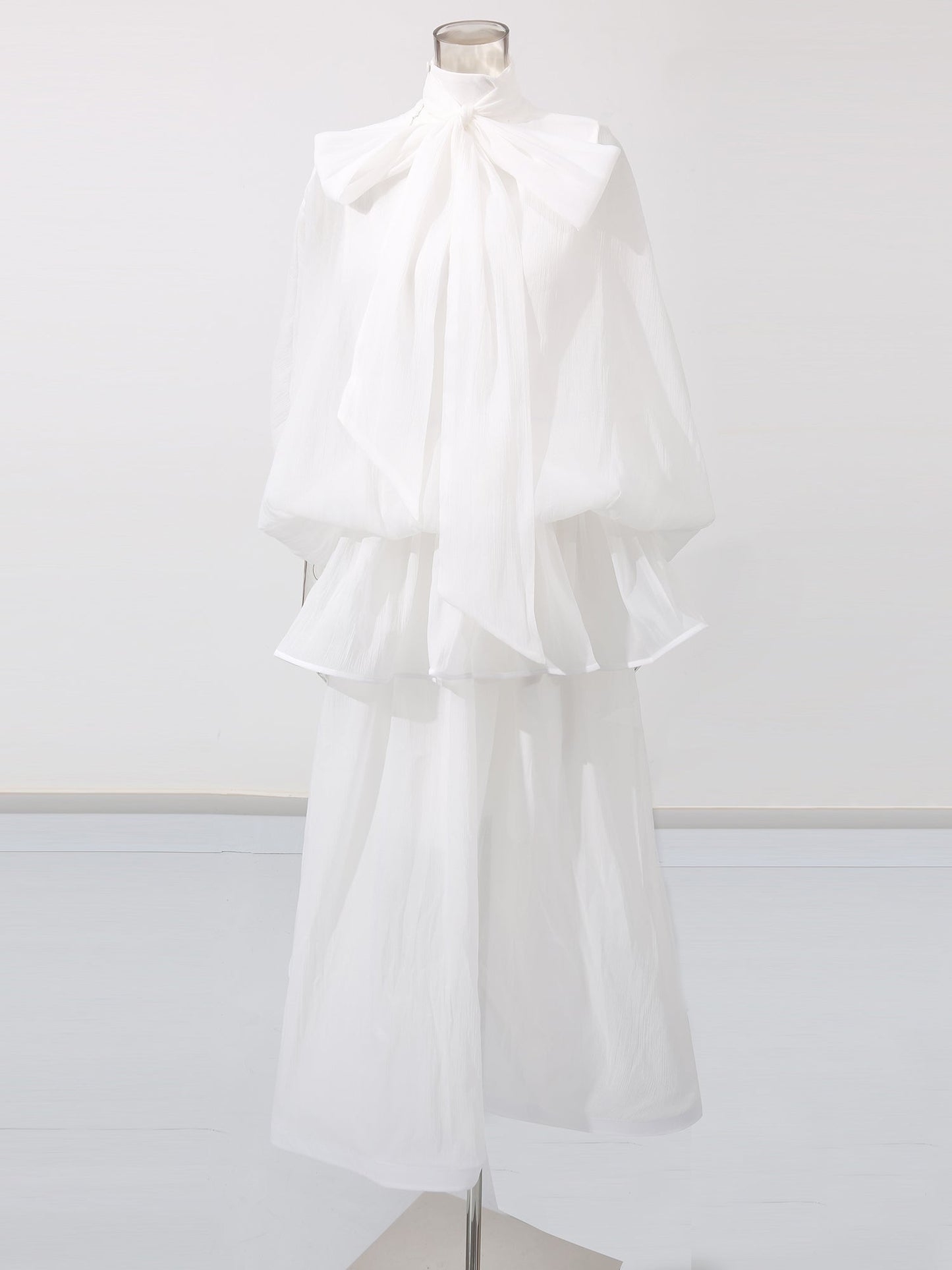 White Lace Up Ruffled Sheer Long Dress - SISPELL