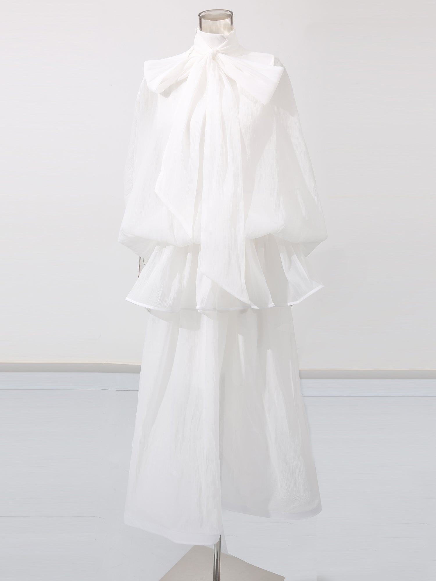 White Lace Up Ruffled Sheer Long Dress - SISPELL