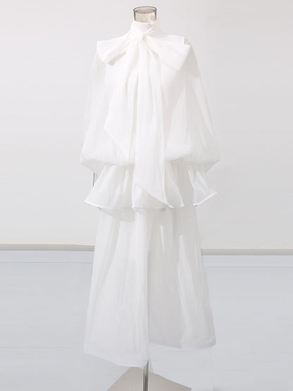 White Lace Up Ruffled Sheer Long Dress - SISPELL