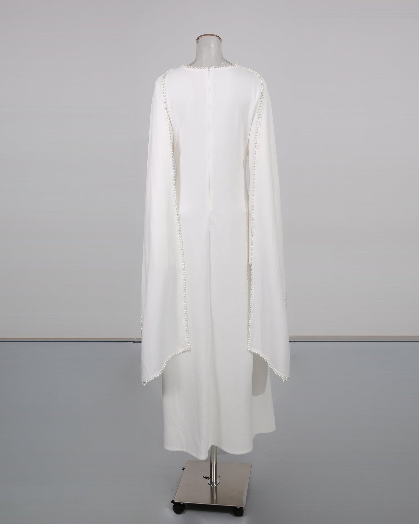 White Maxi Dress with Pearl - Trimmed Cape Sleeves - SISPELL