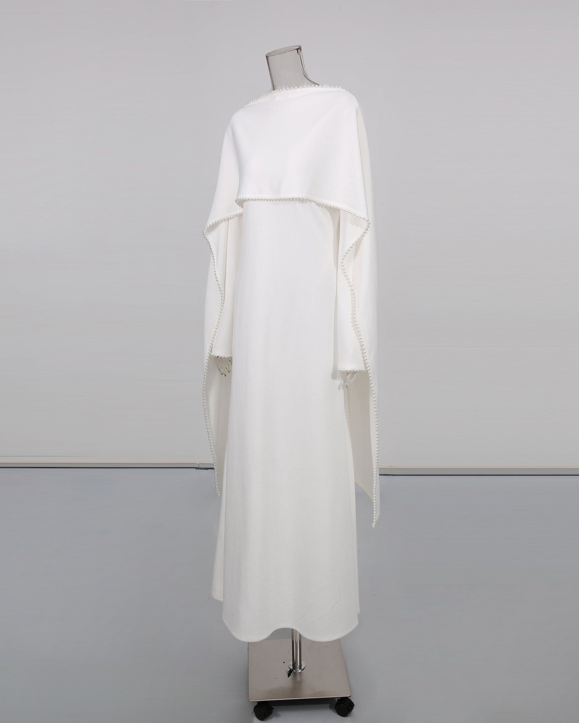 White Maxi Dress with Pearl - Trimmed Cape Sleeves - SISPELL