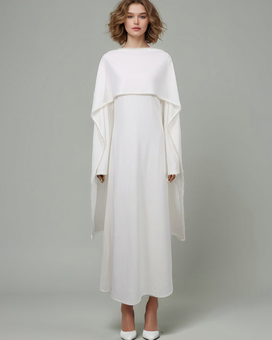 White Maxi Dress with Pearl - Trimmed Cape Sleeves - SISPELL