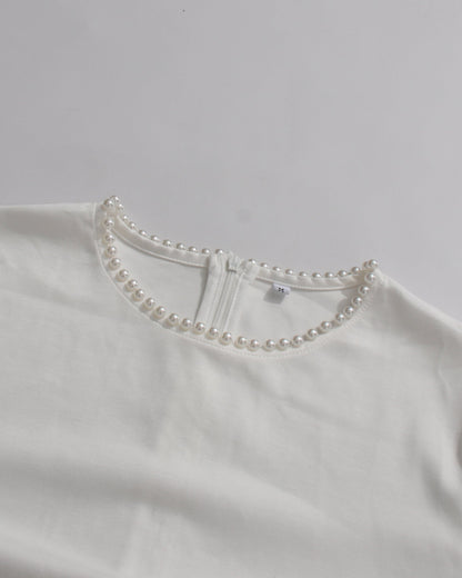 White Maxi Dress with Pearl - Trimmed Cape Sleeves - SISPELL