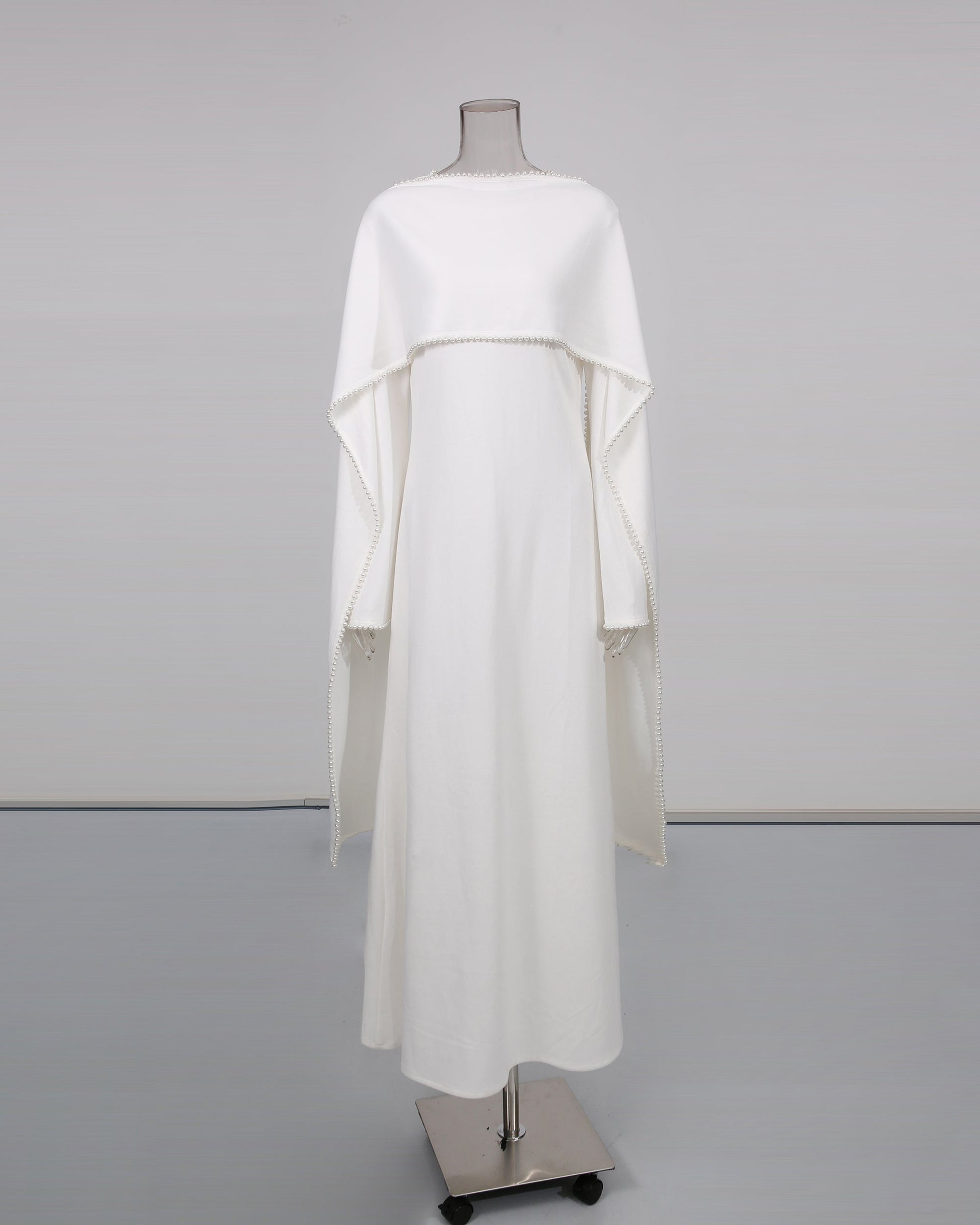 White Maxi Dress with Pearl - Trimmed Cape Sleeves - SISPELL