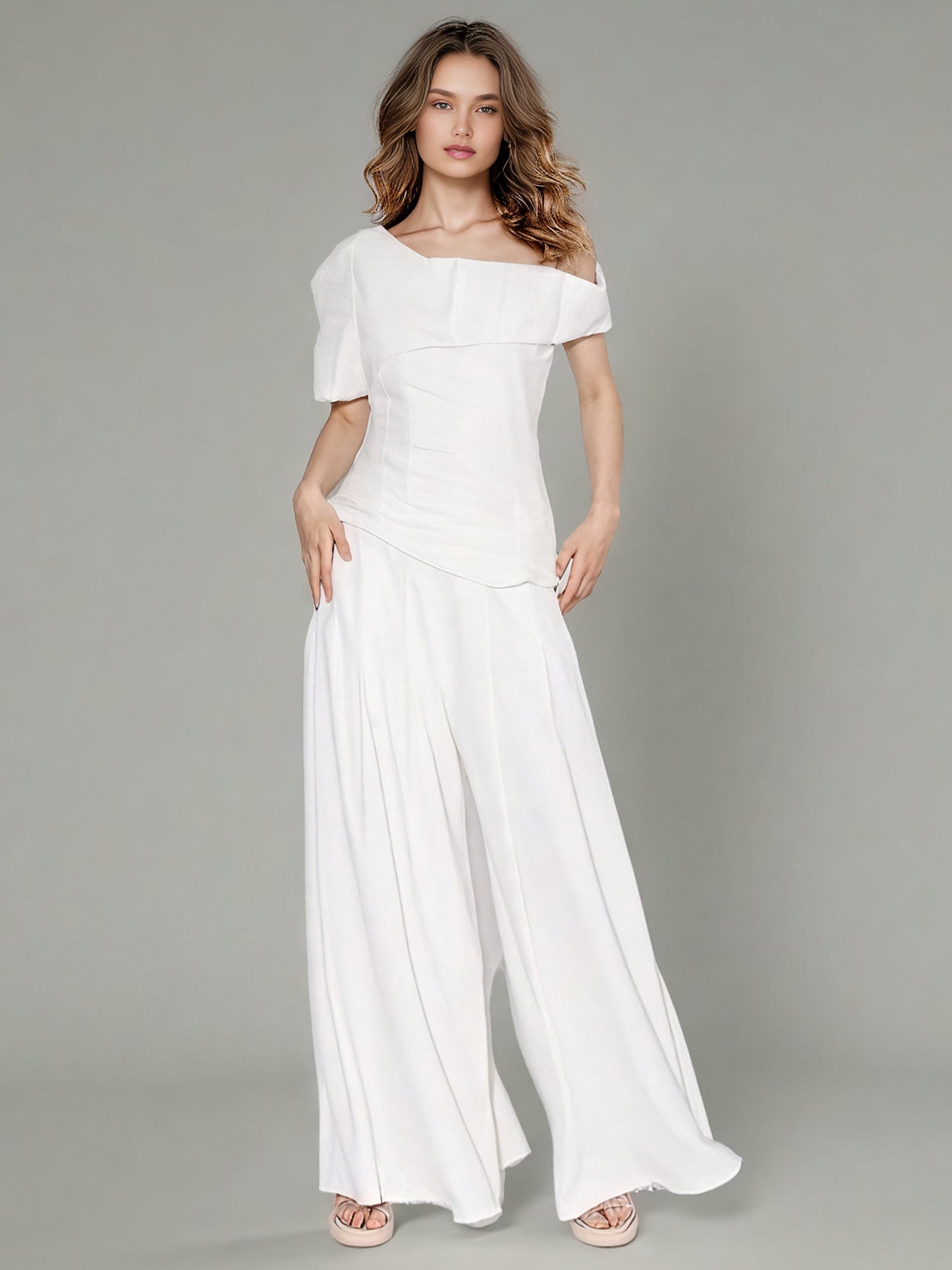 White Off - Shoulder Top & Wide - Leg Pants Set - SISPELL