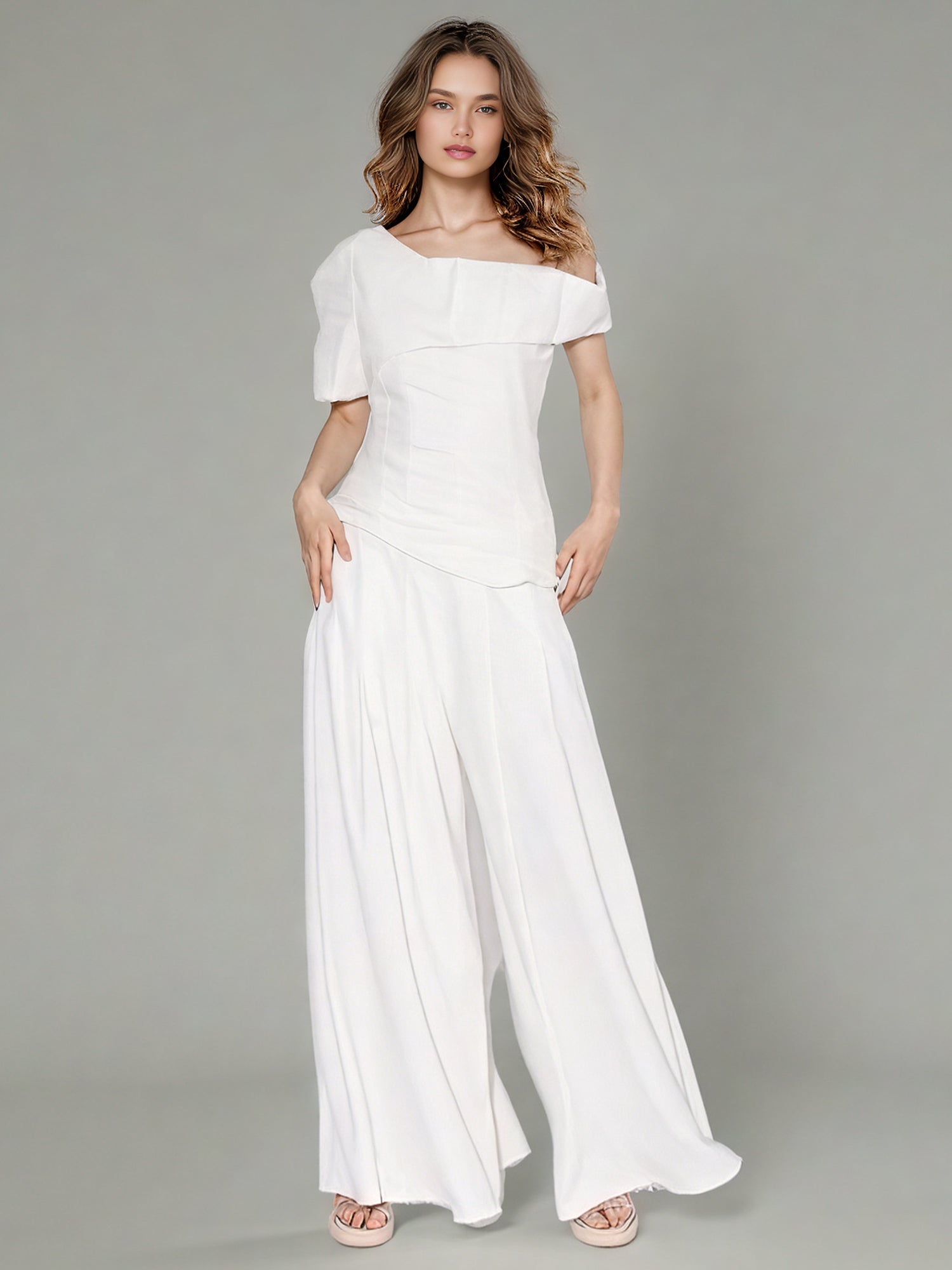 White Off - Shoulder Top & Wide - Leg Pants Set - SISPELL