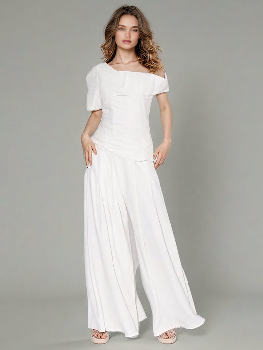White Off - Shoulder Top & Wide - Leg Pants Set - SISPELL