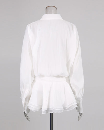 White Oversized Collar Ruffled Blouse Dress - SISPELL
