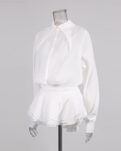 White Oversized Collar Ruffled Blouse Dress - SISPELL