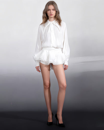 White Oversized Collar Ruffled Blouse Dress - SISPELL