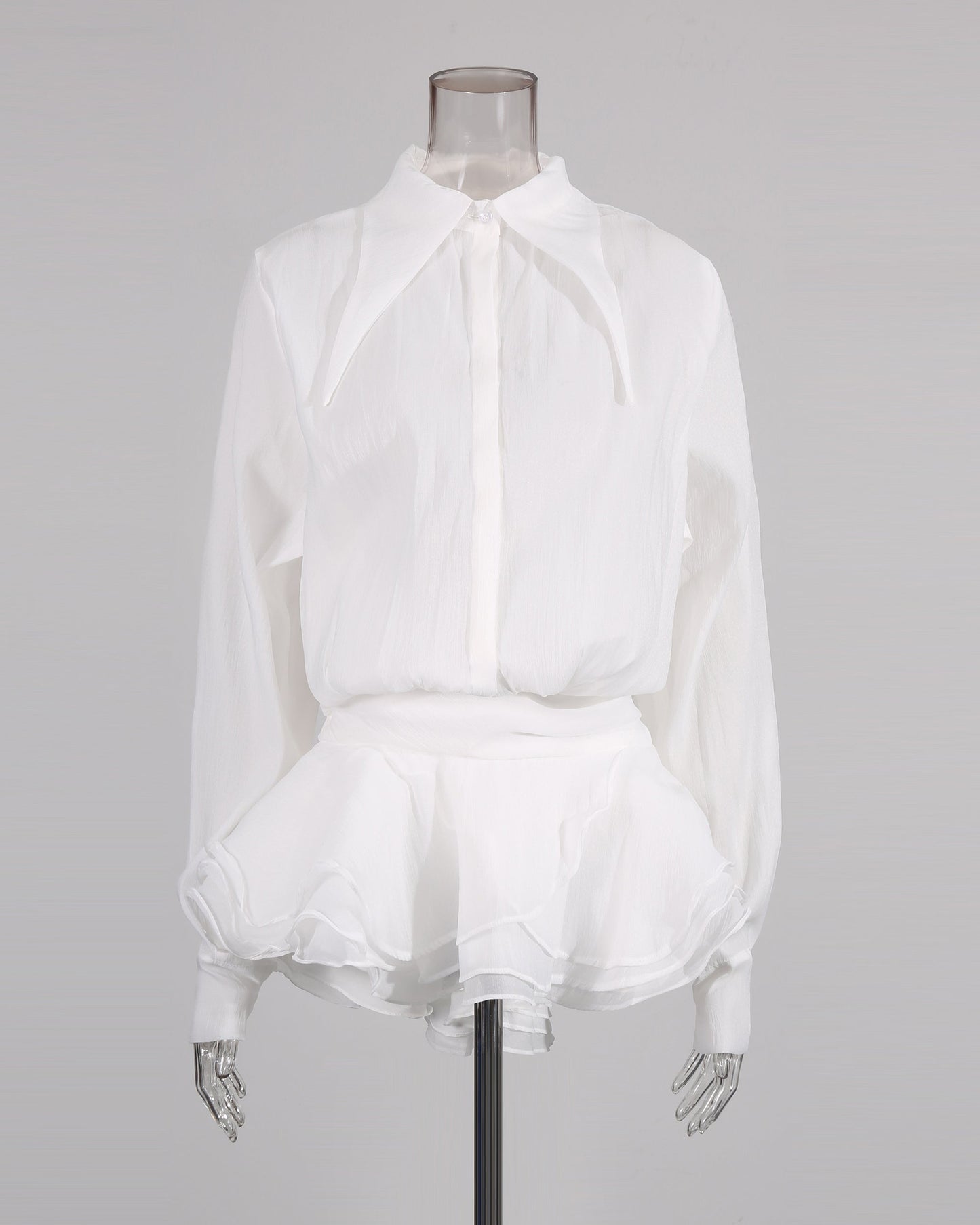White Oversized Collar Ruffled Blouse Dress - SISPELL