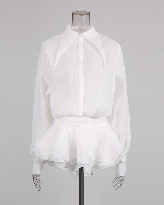 White Oversized Collar Ruffled Blouse Dress - SISPELL
