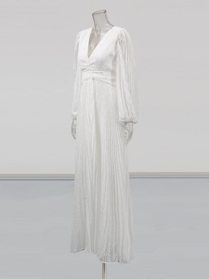 White Pleated Maxi Dress with V - Neck & Puff Sleeves - SISPELL