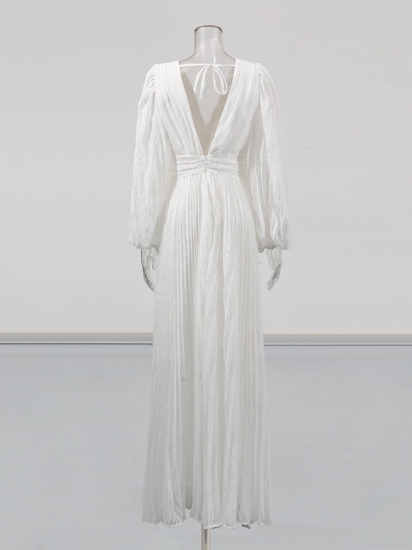 White Pleated Maxi Dress with V - Neck & Puff Sleeves - SISPELL