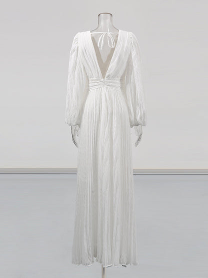 White Pleated Maxi Dress with V - Neck & Puff Sleeves - SISPELL