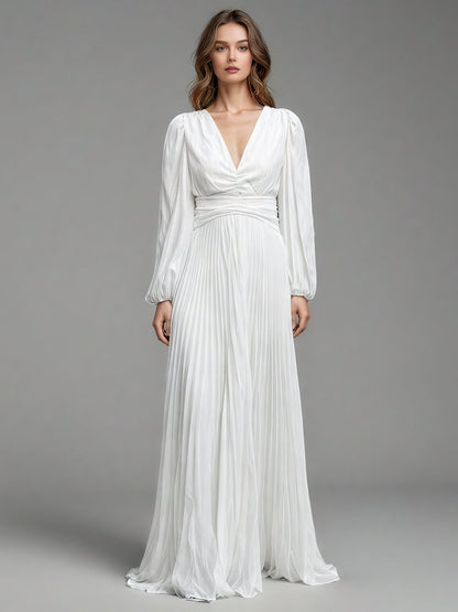 White Pleated Maxi Dress with V - Neck & Puff Sleeves - SISPELL
